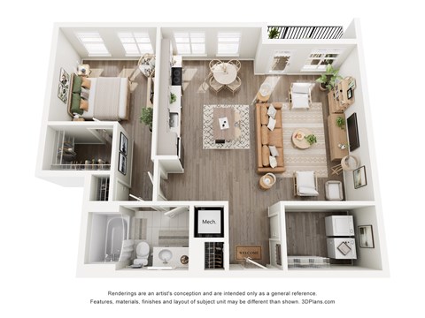 Floor plan for 1 bed, 1 bath, 797 sqft